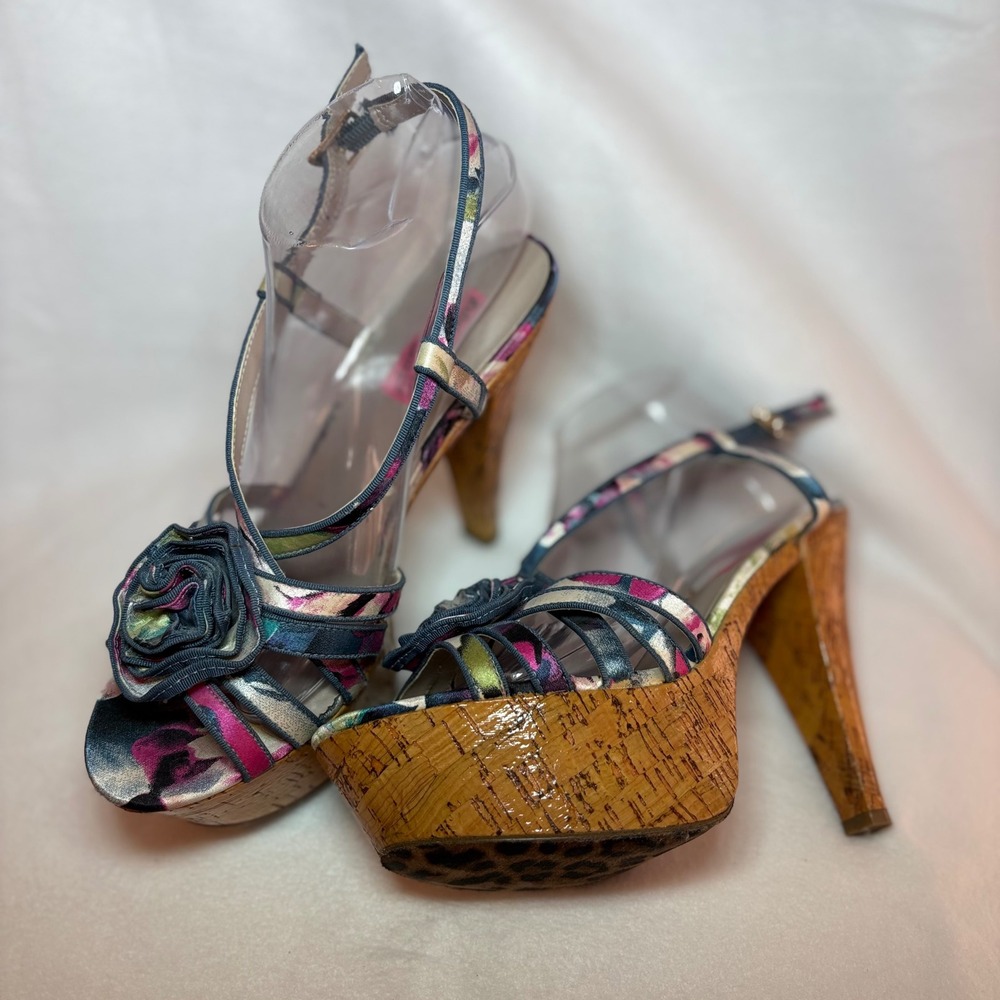 Betsey Johnson Floral Rose Cork Platform Sandals Multi Color Leopard Sole